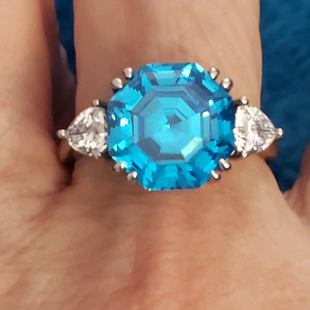 Octagon shaped blue topaz/cz ring